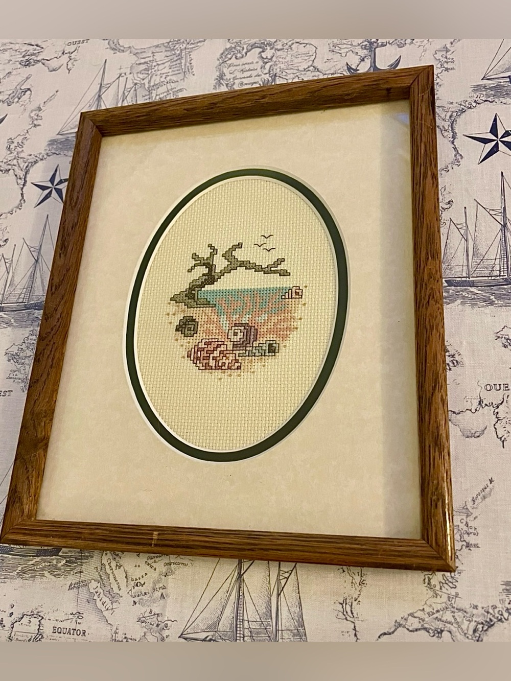Vintage Coastal Beach Cross Stitch Framed Wall Art – Seashells & Ocean